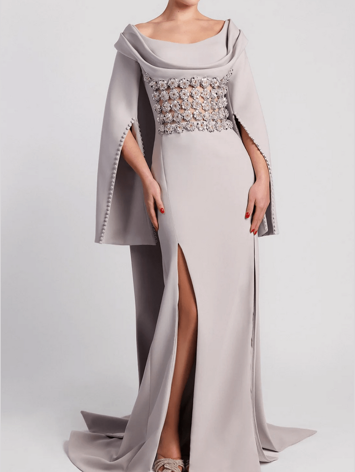Off-the-Shoulder Evening Dress with Draped Bust and Embroidered Waist