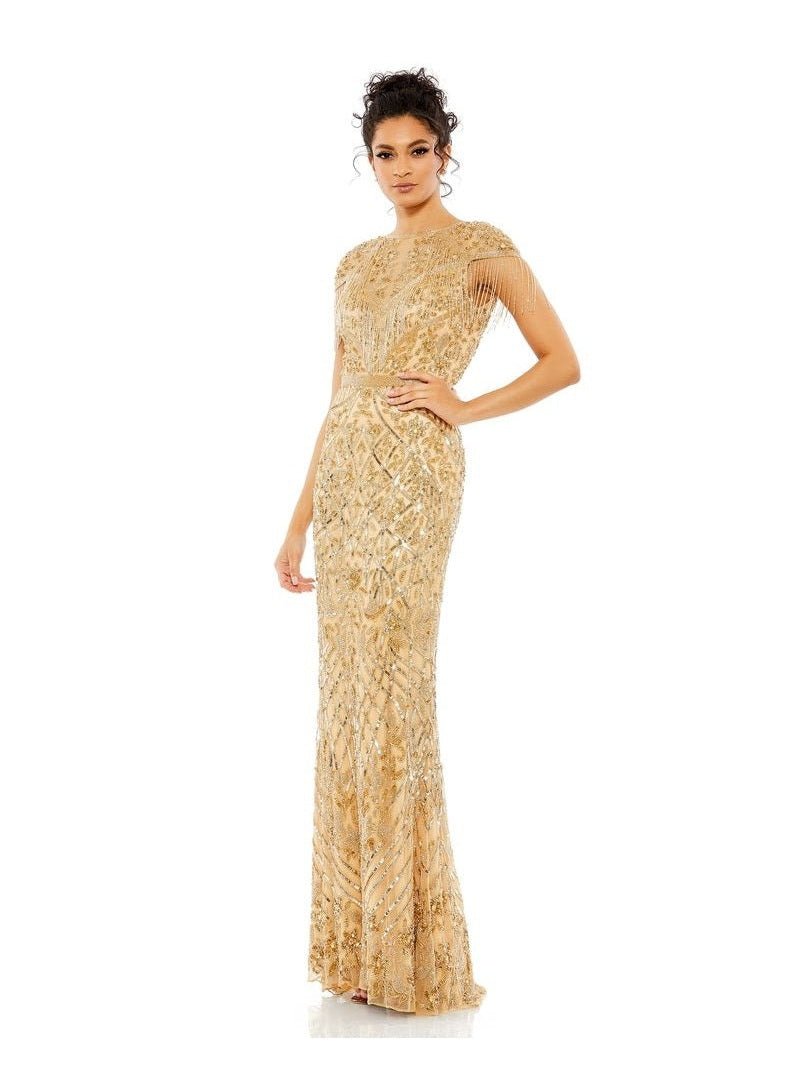 Gold Embellished Fringe Cap Sleeve Trumpet Gown