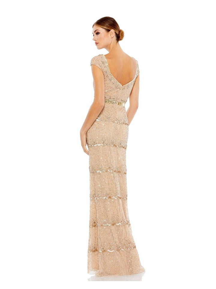 Cap Sleeve Sweetheart Neckline Beaded Sequin Column Gown