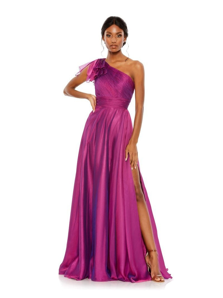 Pleated One Shoulder Chiffon Gown