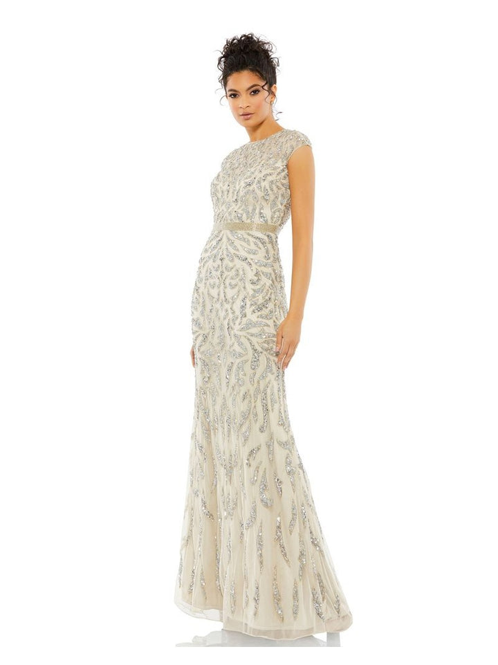 Embellished Illusion Cap Sleeve Column Gown