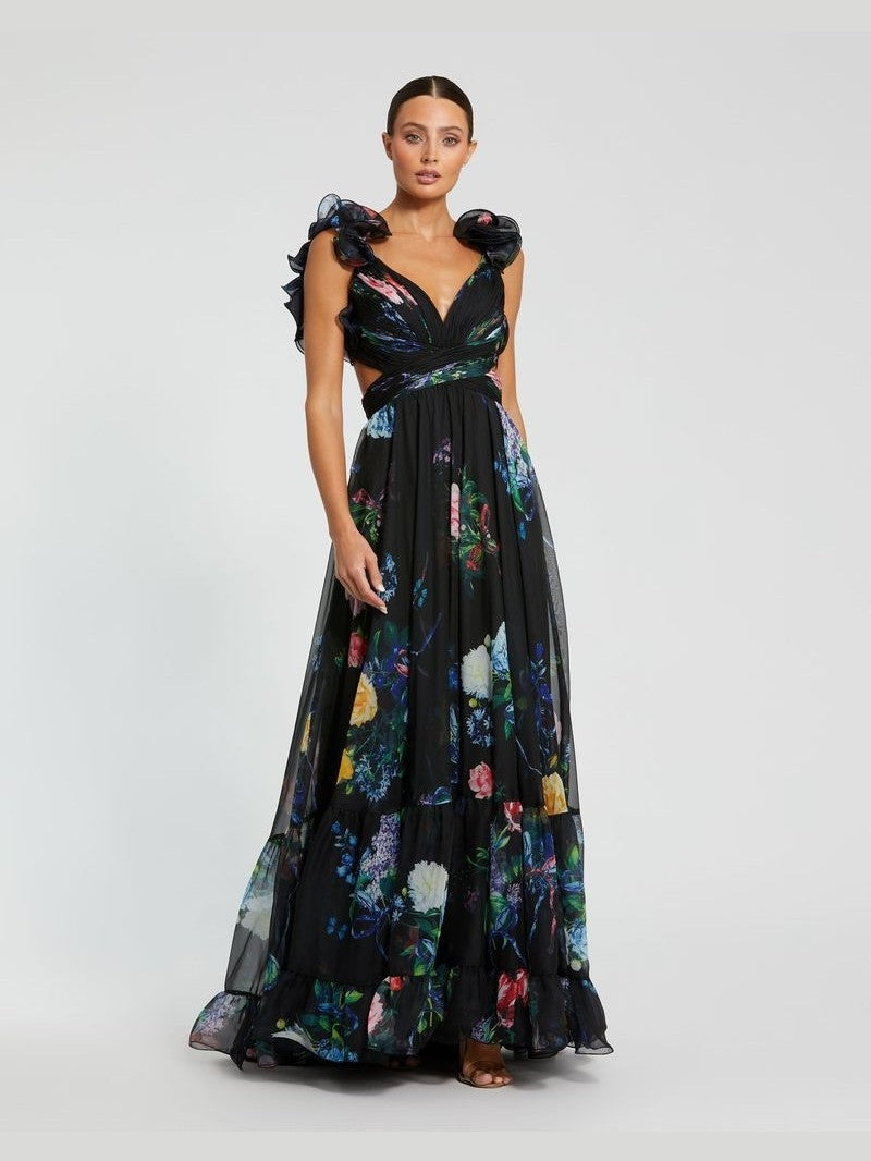 Tiered Floral Cut-Out Chiffon Gown