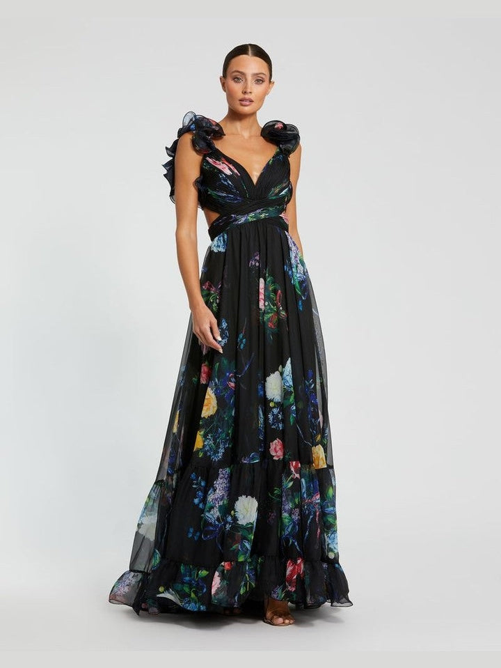 Tiered Floral Cut-Out Chiffon Gown