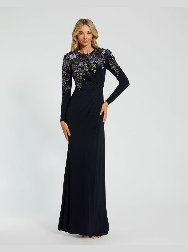 Embellished Long Sleeve Fitted Jersey Gown