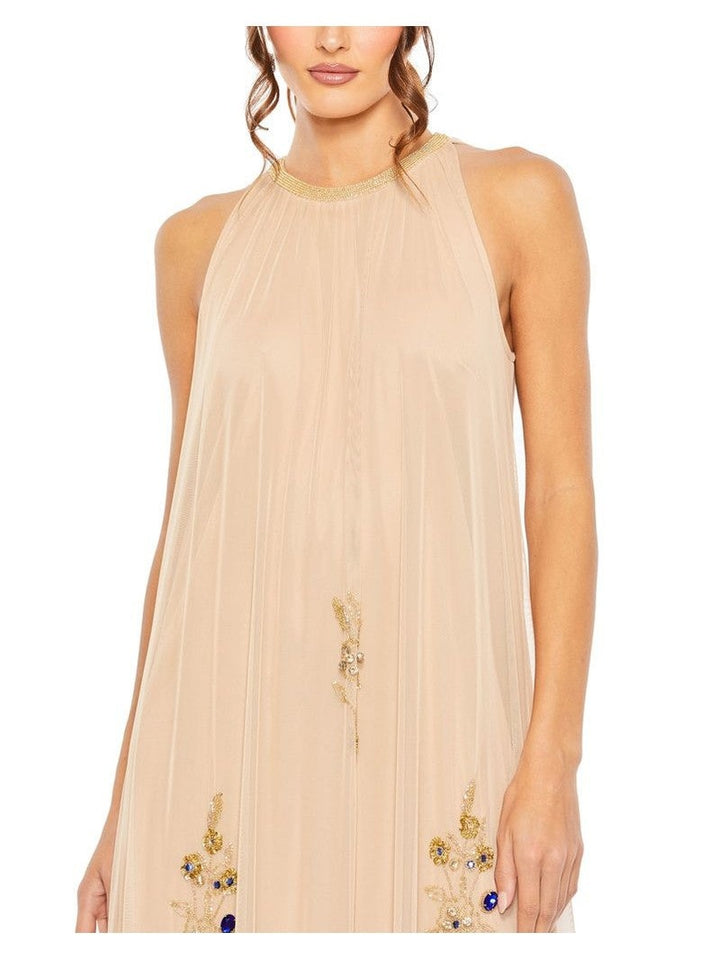 High Neck Floral Embellished Trapeze Gown