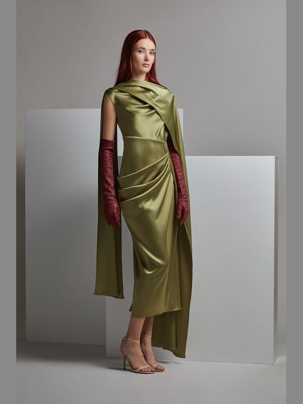 TOSHIO Draped Shoulder Midi Dress