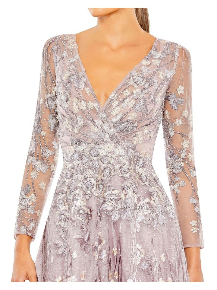 Lace Wrap Over Illusion Long Sleeve A Line Gown -Pink