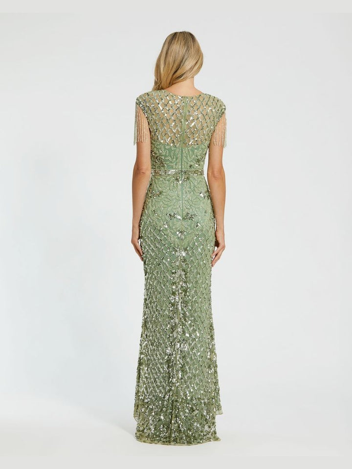 High Neck Sleeveless Beaded Fringe Fitted Gown