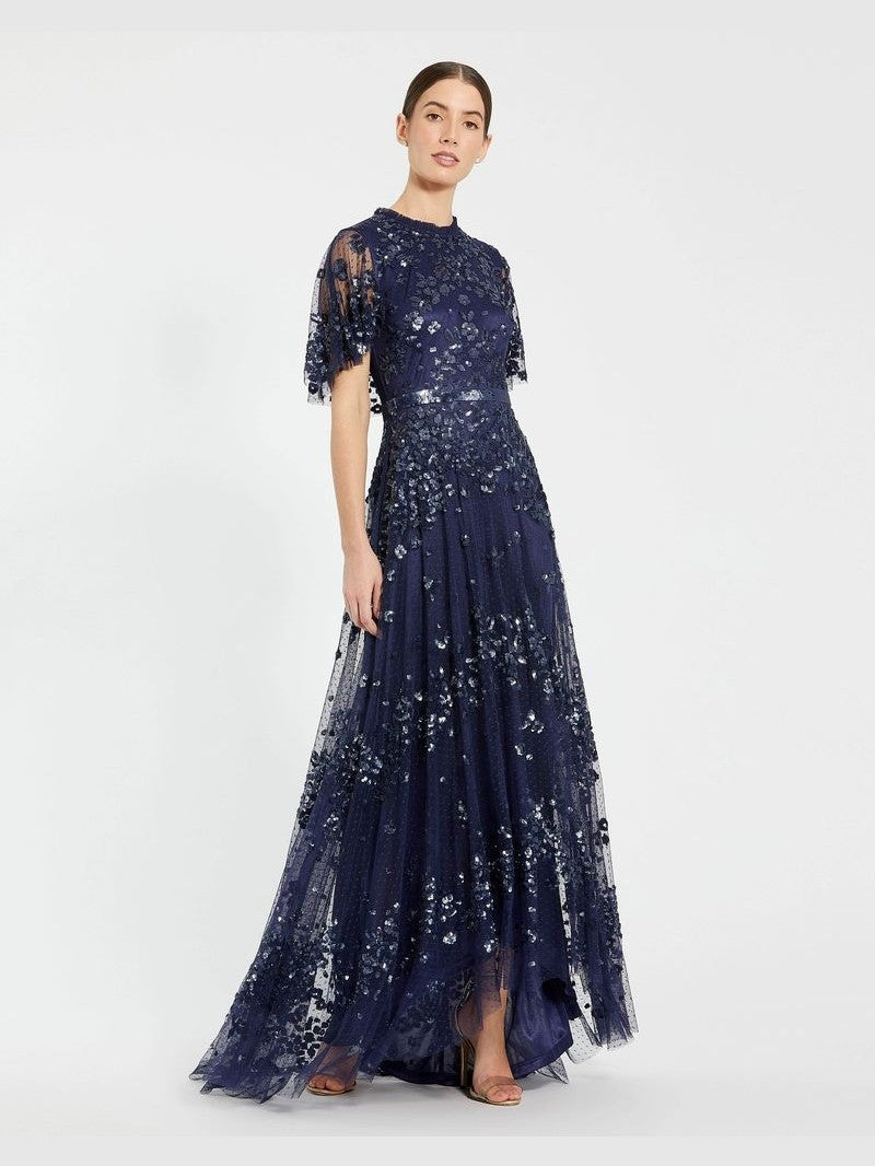 Sequined High Neck Flutter Sleeve A Line Gown