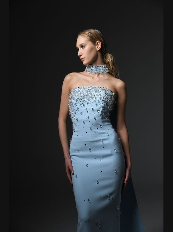 Crystal Embroidered Crepe Dress with Long Cape