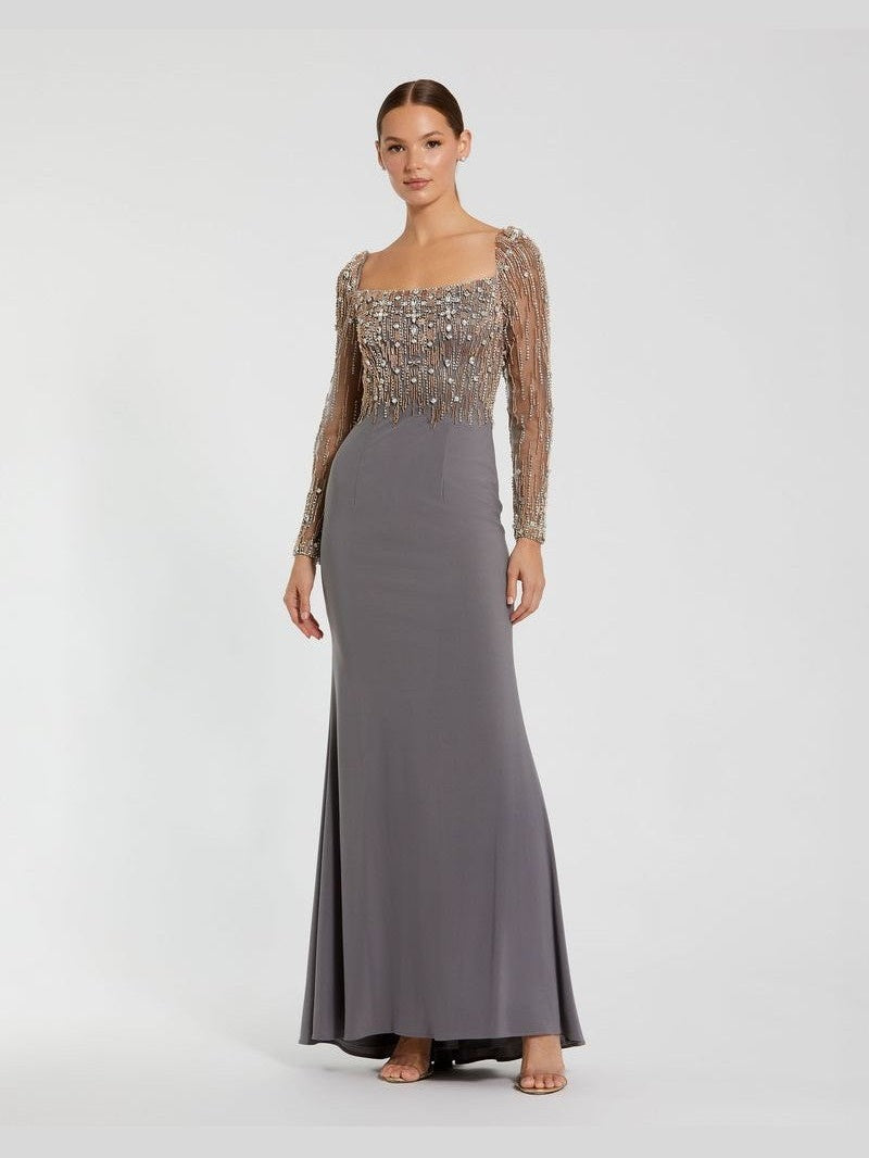 Beaded Square Neck Long Sleeve Jersey Gown