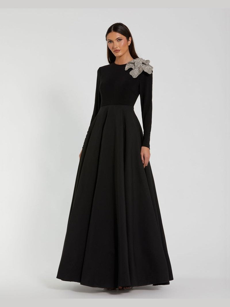 Long Sleeve Taffeta 3D Flower Ball Gown