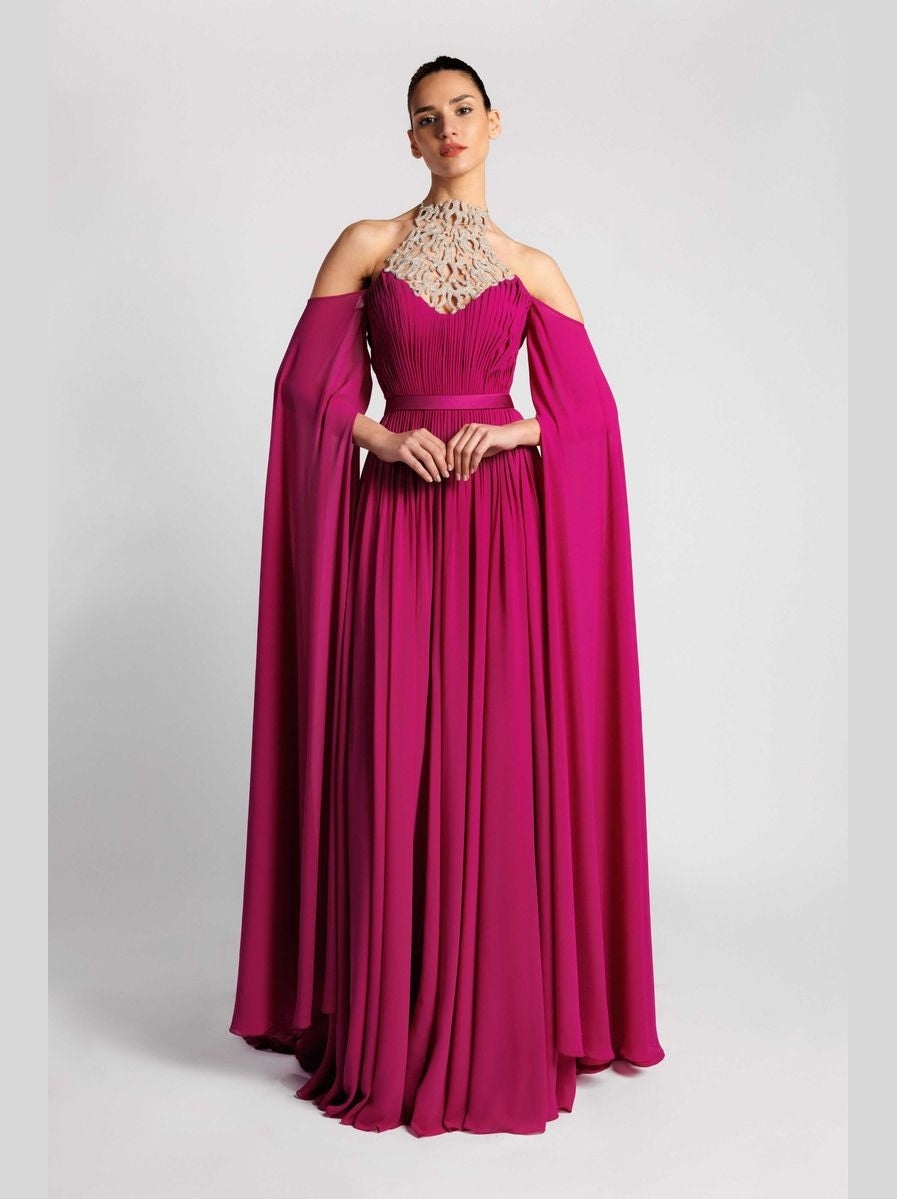 Swarovski-Embellished Halter Evening Dress with Pleated Cape Sleeves