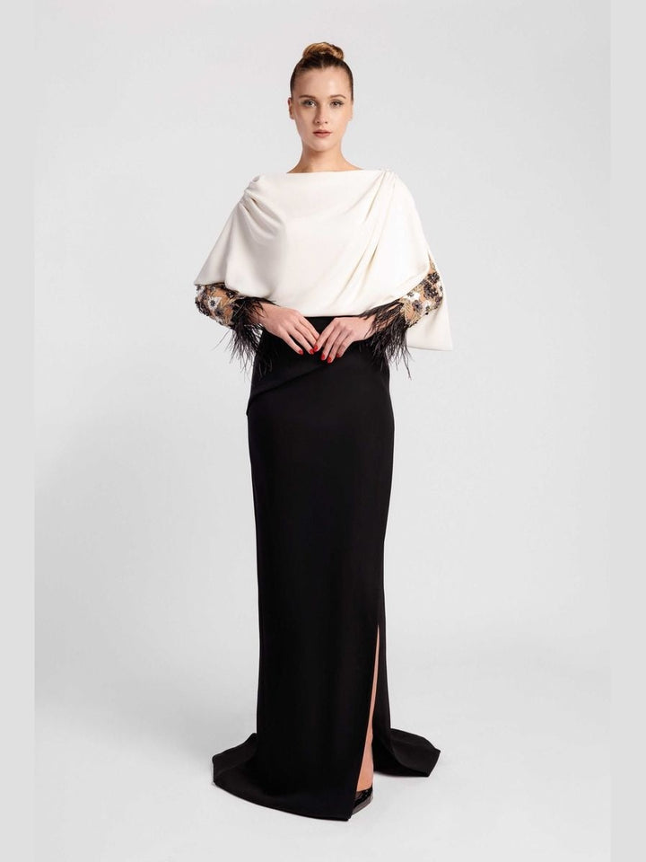 Mermaid Evening Dress with Draped Cape Bodice, Sheer Sleeves and Feathered Cuffs
