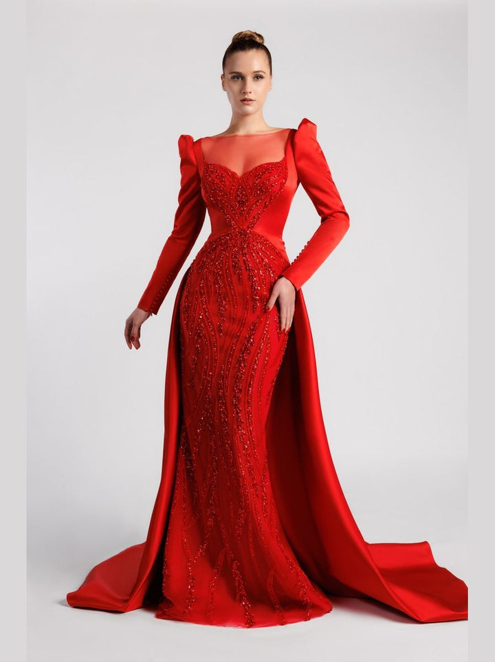 Long-Sleeve Evening Gown with Sequins Beading