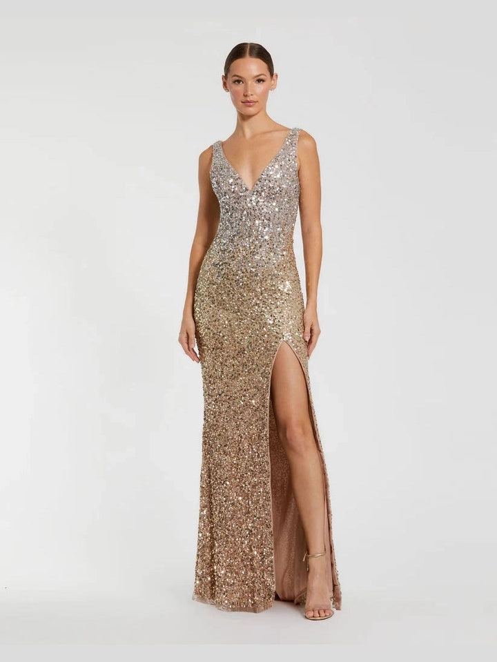 Sequined Sleeveless V Neck Side Slit Gown