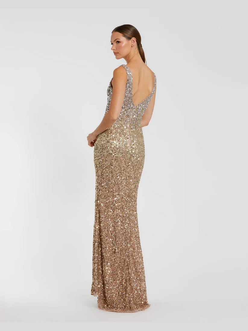 Sequined Sleeveless V Neck Side Slit Gown