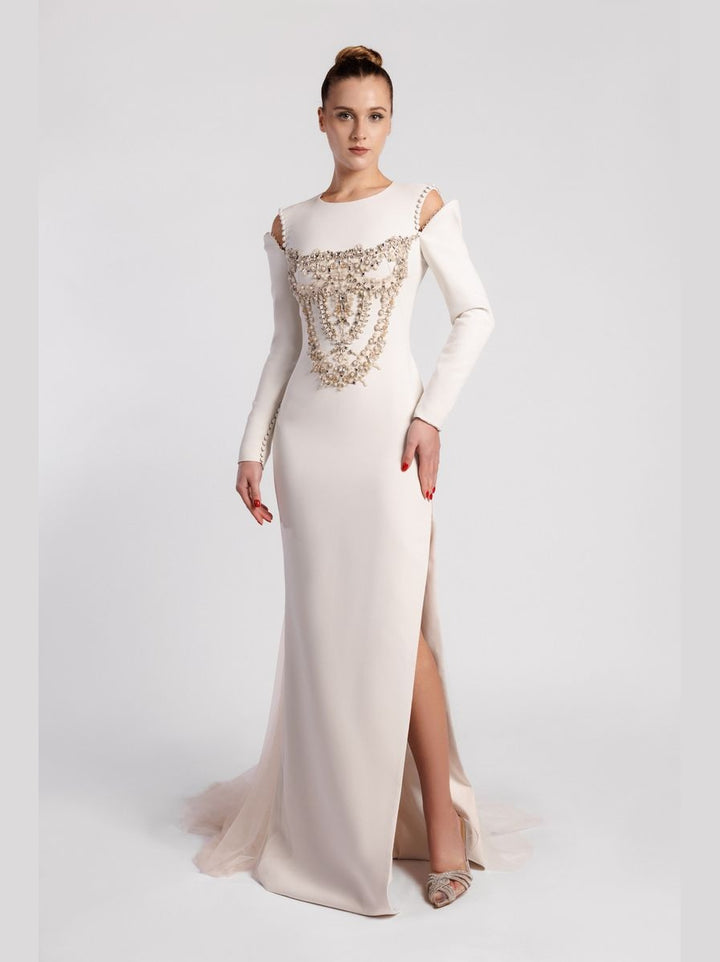 Long-Sleeved Evening Dress with Embellished Bodice, Side Slit Skirt and Overskirt
