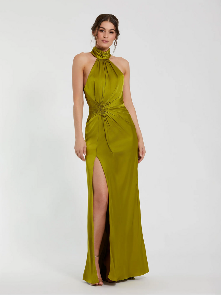 Open Back High Neck Side Ruched Gown