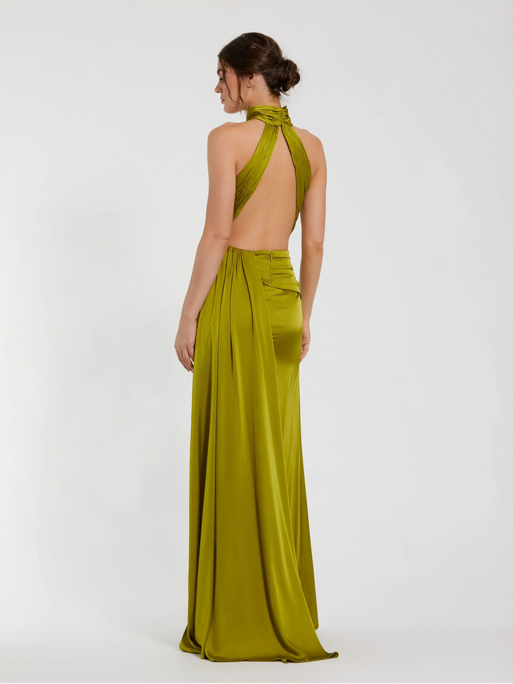 Open Back High Neck Side Ruched Gown
