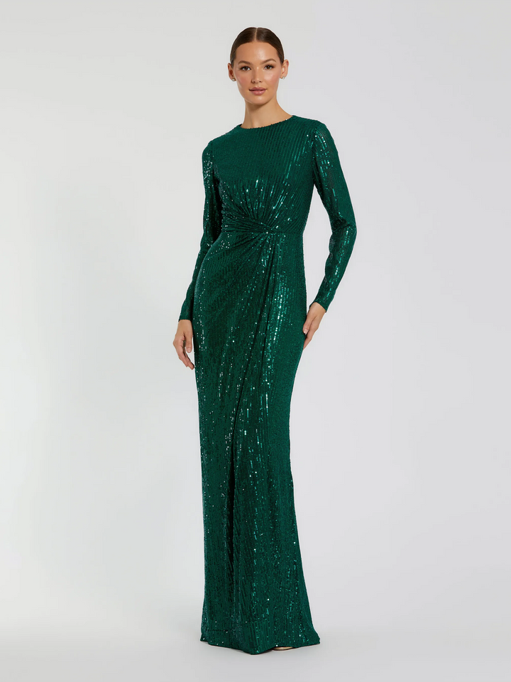 Sequined Long Sleeve Side Knot Gown
