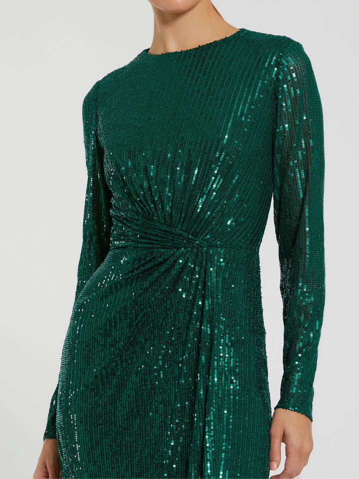 Sequined Long Sleeve Side Knot Gown