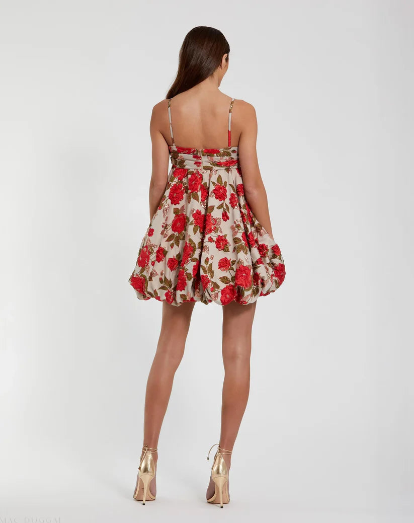 Multicolor Brocade Thin Strap Puff Mini Dress With Bow