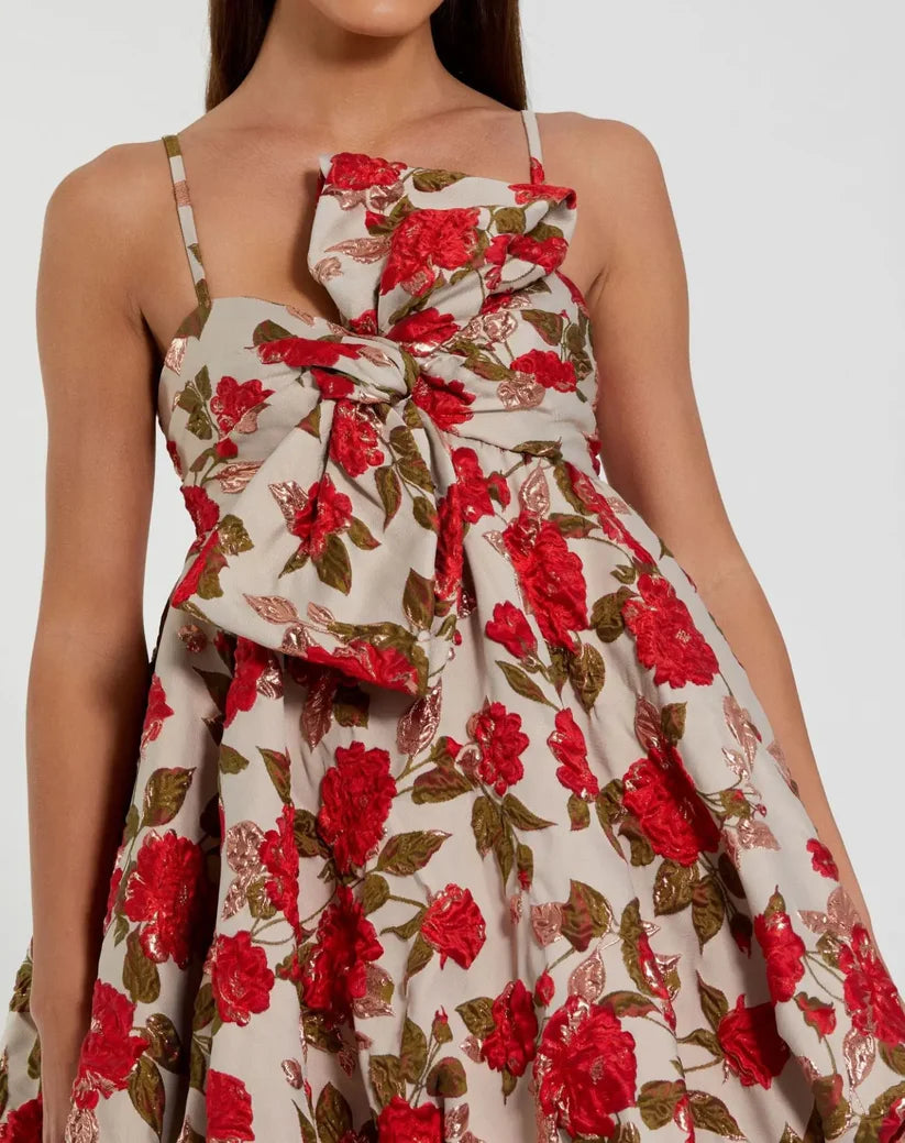 Multicolor Brocade Thin Strap Puff Mini Dress With Bow