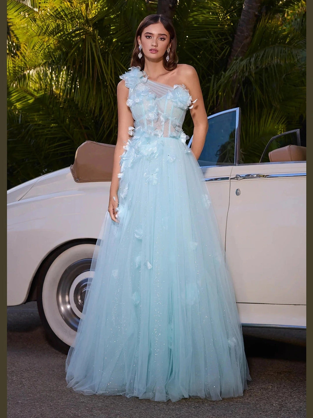One Shoulder Tulle Ball Gown with Floral Accents