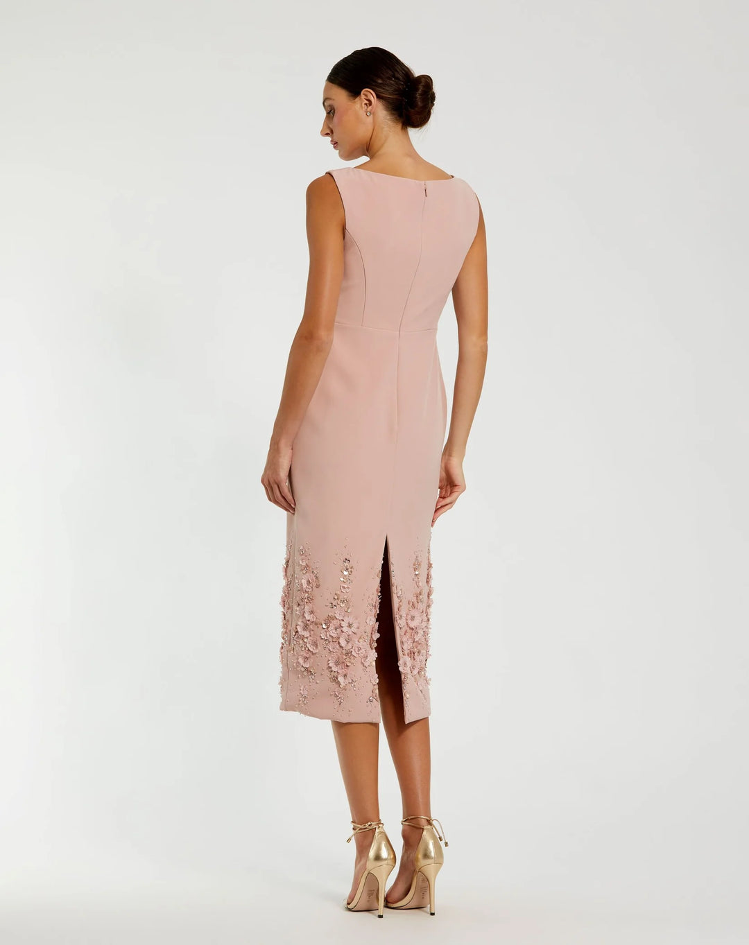 Crepe Sleeveless Midi Dress With Flower Beading