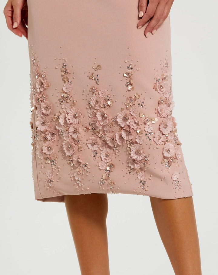 Crepe Sleeveless Midi Dress With Flower Beading
