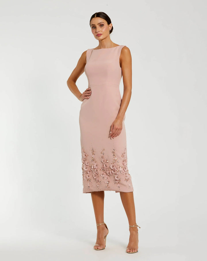 Crepe Sleeveless Midi Dress With Flower Beading