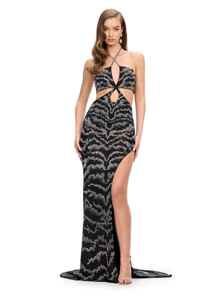 Jersey Gown with Halter Neckline & Cut Outs