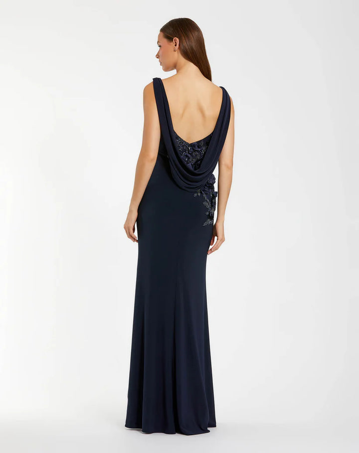 Sleeveless Jersey Cowl Neck Gown With Beading