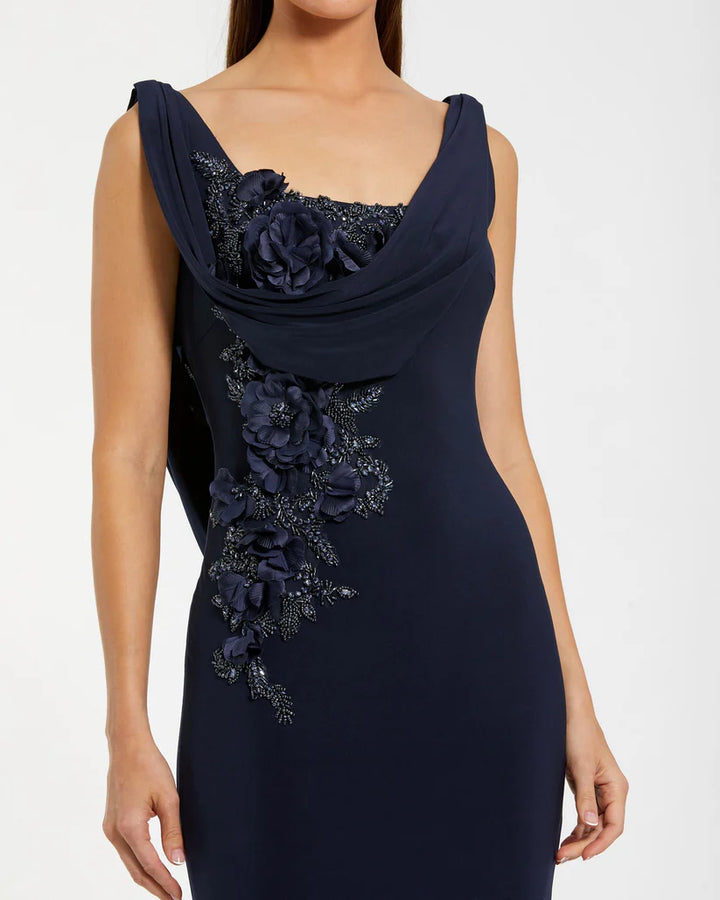 Sleeveless Jersey Cowl Neck Gown With Beading