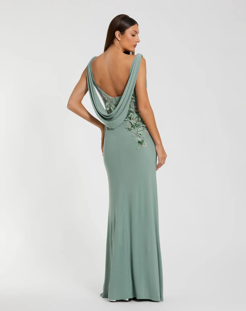 Sleeveless Jersey Cowl Neck Gown With Beading