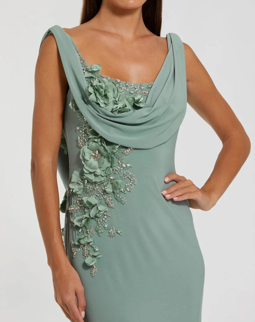 Sleeveless Jersey Cowl Neck Gown With Beading