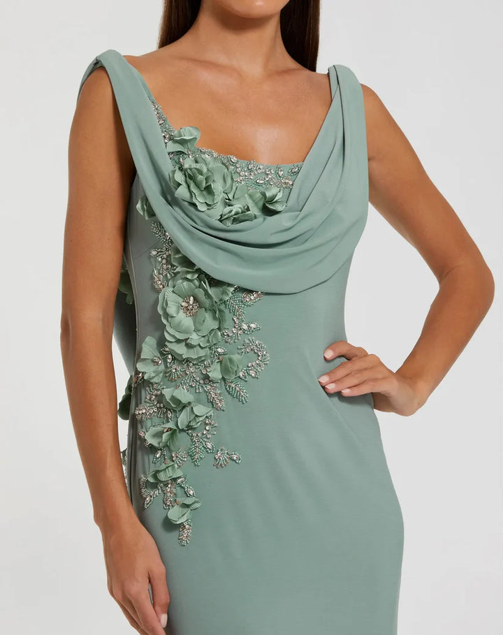 Sleeveless Jersey Cowl Neck Gown With Beading