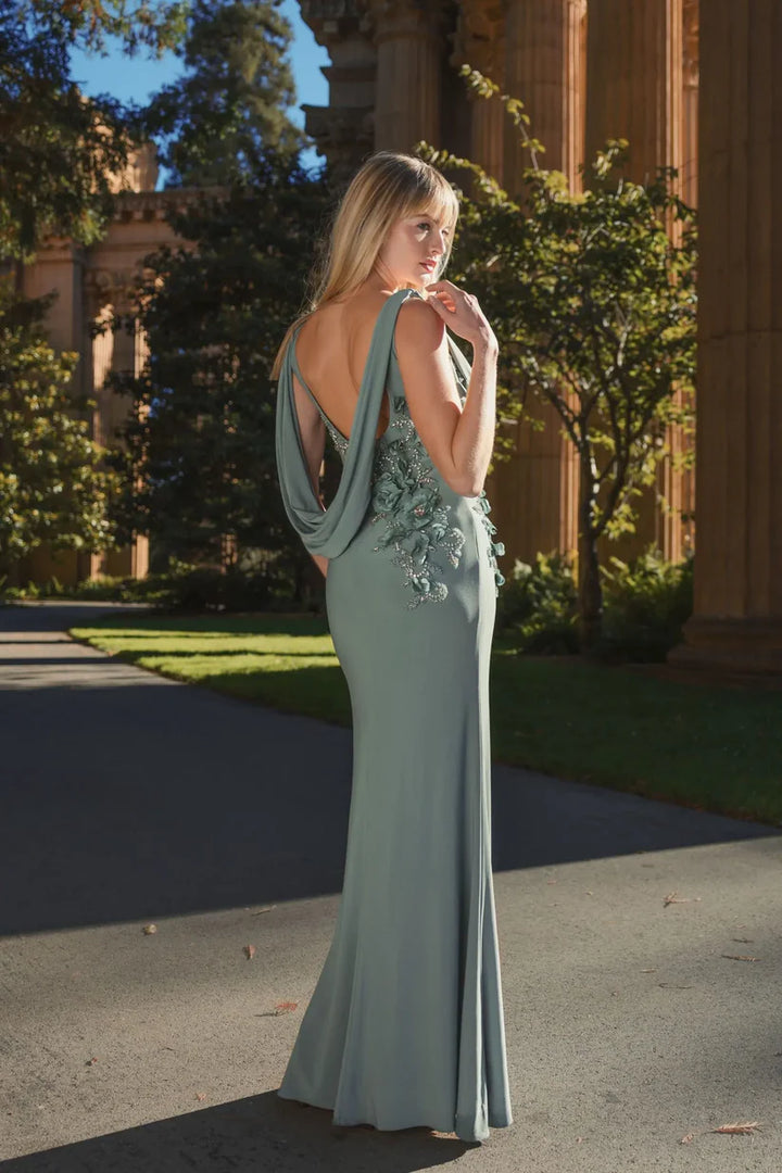 Sleeveless Jersey Cowl Neck Gown With Beading
