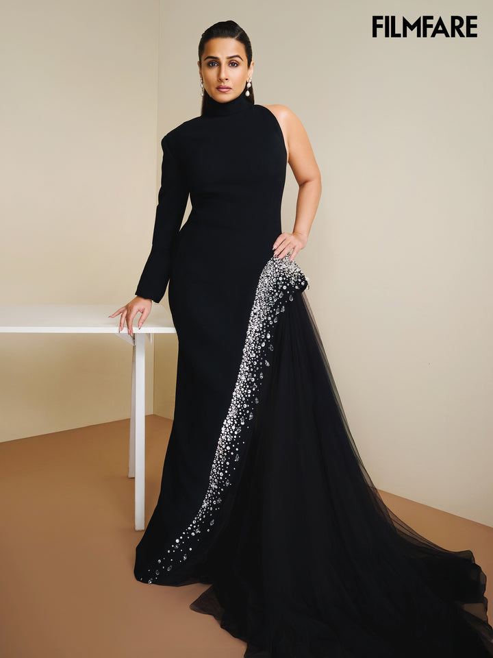 Asymmetric Crêpe Gown With Crystal Embroidery