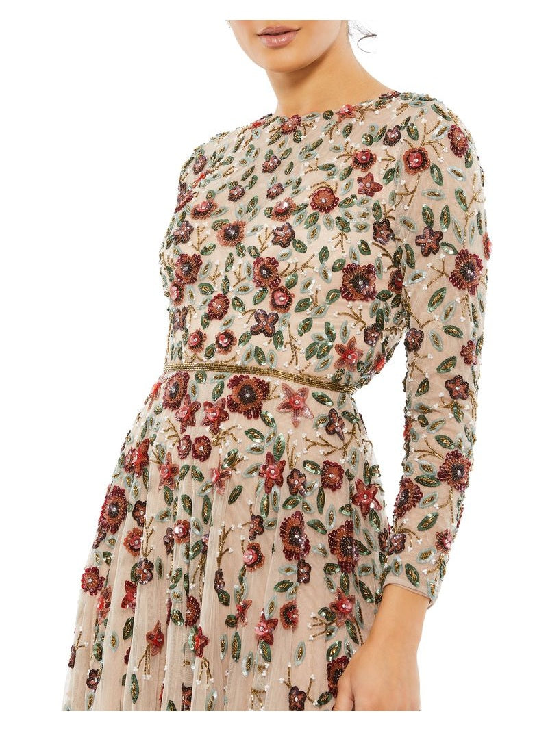 Embellished High Neck Long Sleeve A Line Gown