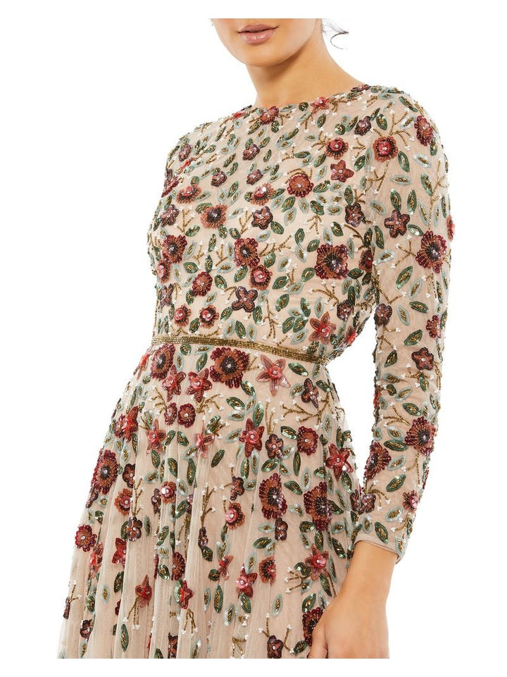 Embellished High Neck Long Sleeve A Line Gown