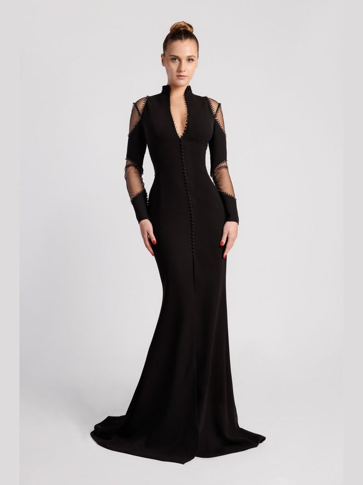 Mermaid Evening Dress with V Neckline and Button Details