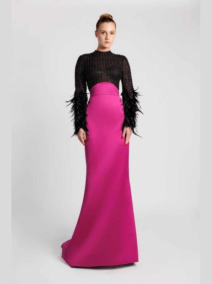 Jewel Neck Mermaid Evening Dress with Crystal and Feather Details