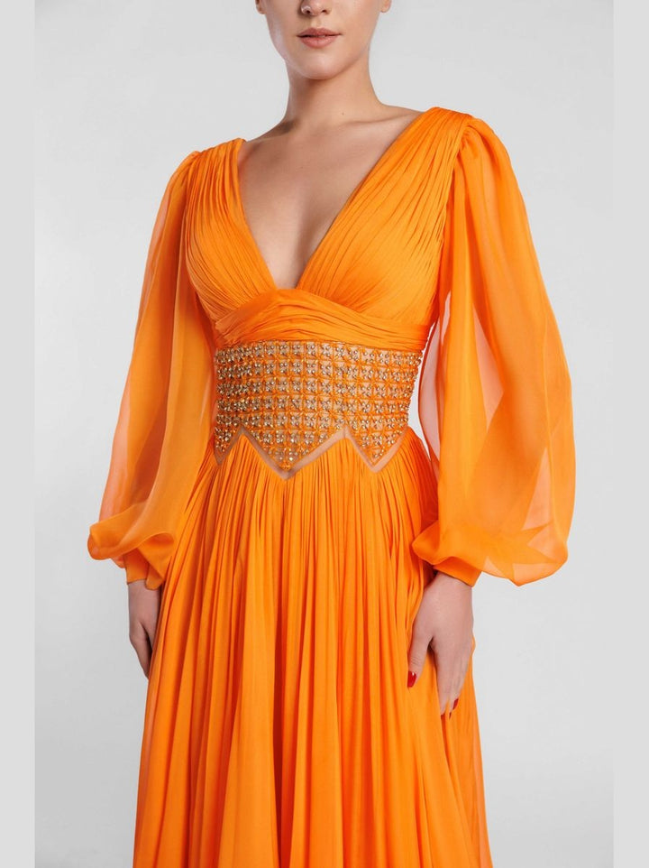 V-Neck Flared Evening Dress with Bishop Sleeves and Open Back