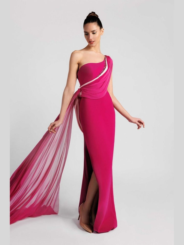 One-Shoulder Evening Dress with Side Train and Bow Accent