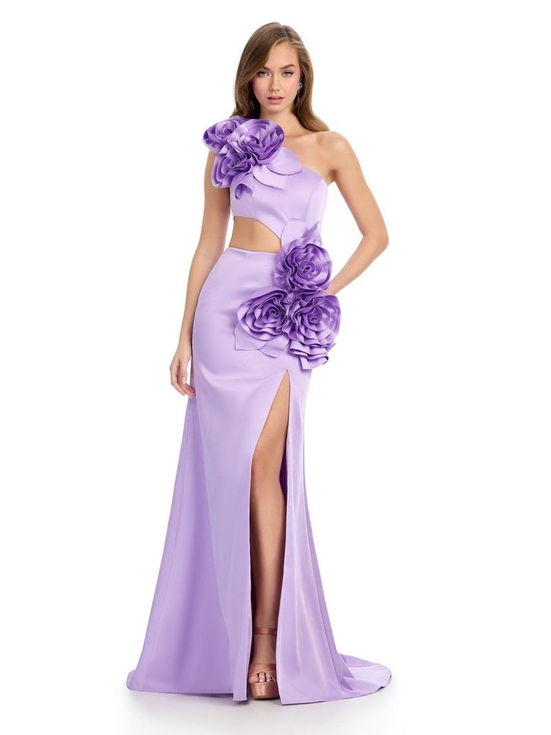 Flower Adorned Gown with Cut Out