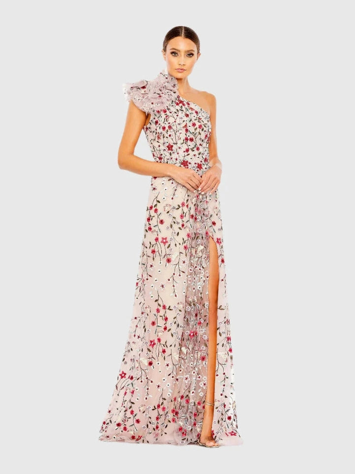 Embellished Ruffled One Shoulder A Line Gown