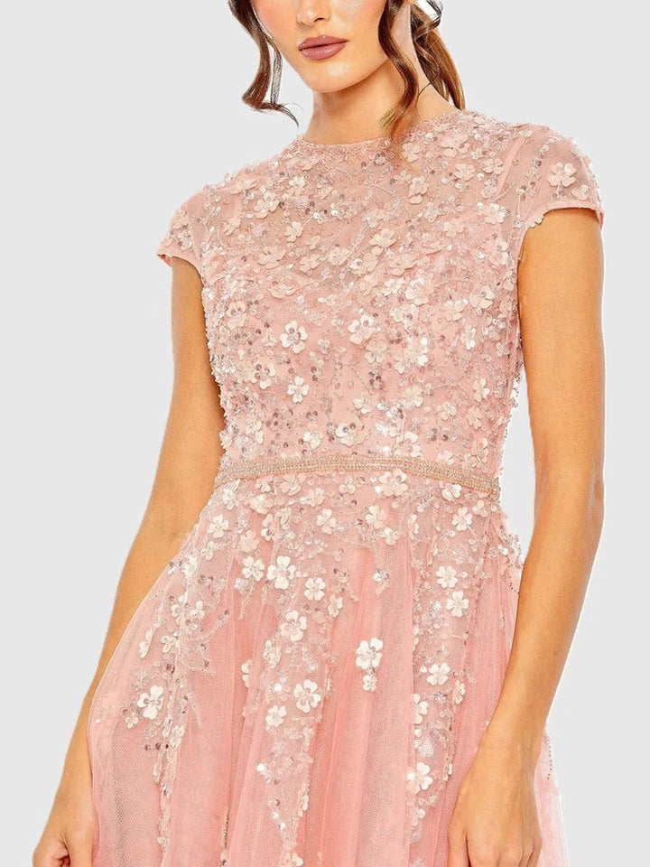 High Neck Cap Sleeve Embellished A Line Gown