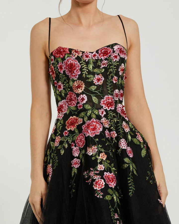 Black Multicolor Bustier Embroidered Floral A-Line Dress